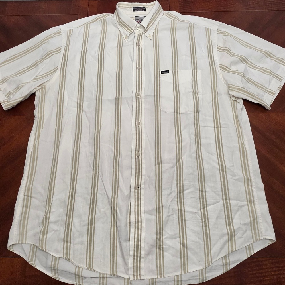 Faconnable Button Down Men XL White Tan Striped Short Sleeve Cotton Shirt Casual